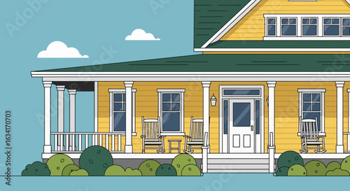 Charming Yellow House With A Porch And Rocking Chairs Illustration