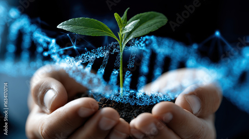 Green plant sprout growing in soil held by hands with glowing DNA strand, symbolizing genetic research and growth