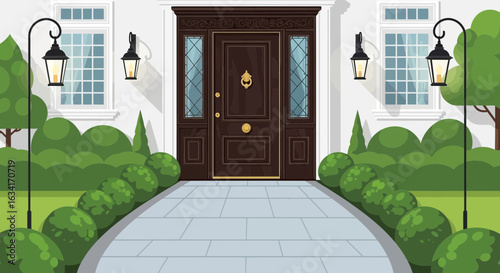 Elegant Home Facade With Landscaped Pathway And Decorative Door