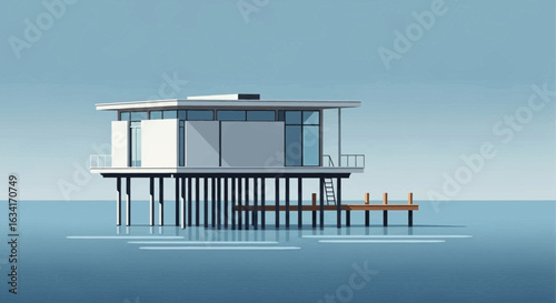Contemporary Stilt House Over Calm Water In Minimalist Style