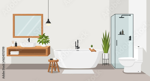 Modern Minimalist Bathroom Interior With Bathtub And Greenery Design