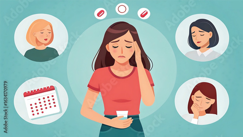 Stressed woman with headache during menstruation cycle illustration for health concept