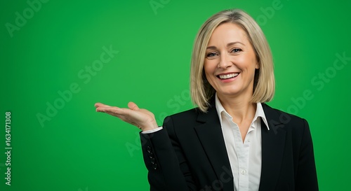 Smiling woman in a suit presenting on a green screen background