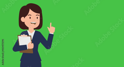 Cartoon woman in suit holding clipboard pointing finger up green background