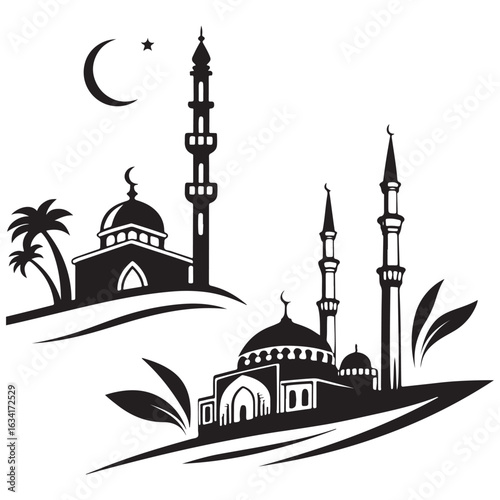 Islamic Silhouette Art with Mosque, Lantern, and Aladdin Lamp


