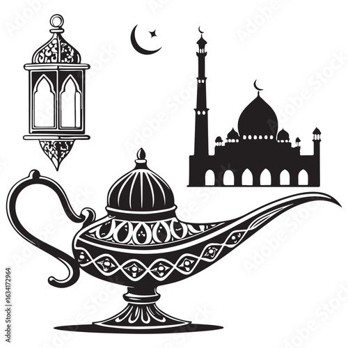Islamic Silhouette Art with Mosque, Lantern, and Aladdin Lamp

