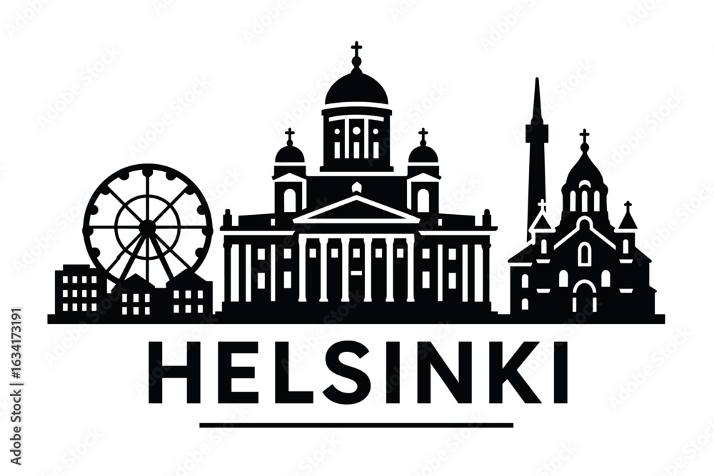 Helsinki city skyline with iconic buildings and landmarks