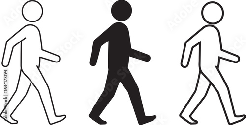 Three Stylized Human Walking Icons One Solid Black and Two Outlined stick figure silhouette