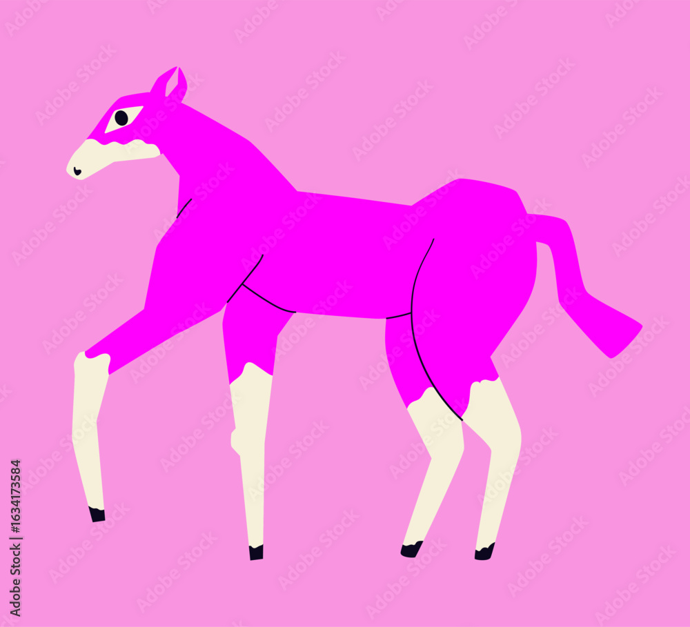 Obraz premium Pink cartoon horse in cartoon stile. New year 2026 print design with animal. Vector illustration for card, stiker, t shirt, poster.