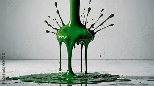 A close-up shot of a paintbrush with a green handle resting in a fresh puddle of spilled green paint.