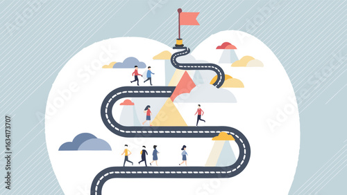 Illustration of people walking and running on a winding road towards a flag on top of a mountain