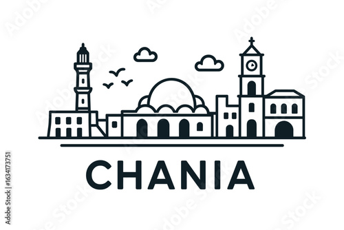 Chania skyline with lighthouse, mosque, harbor and old town silhouette