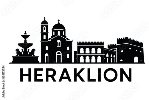 Heraklion skyline with fortress, museum, fountain and Venetian harbor