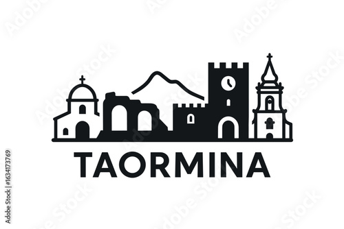 Taormina skyline with theatre, Mount Etna, promenade and bay views