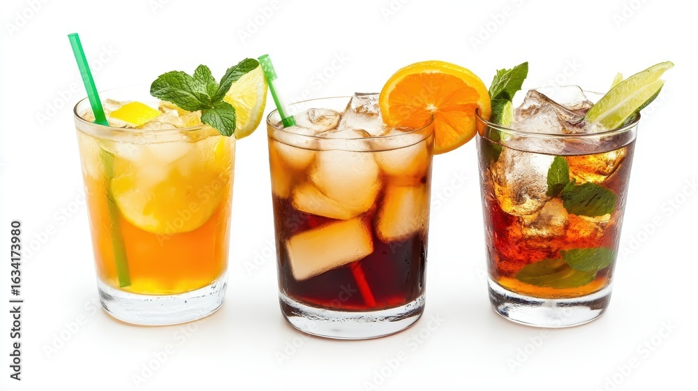 Fototapeta premium Colorful Refreshing Drinks with Ice and Fresh Fruits on White Background