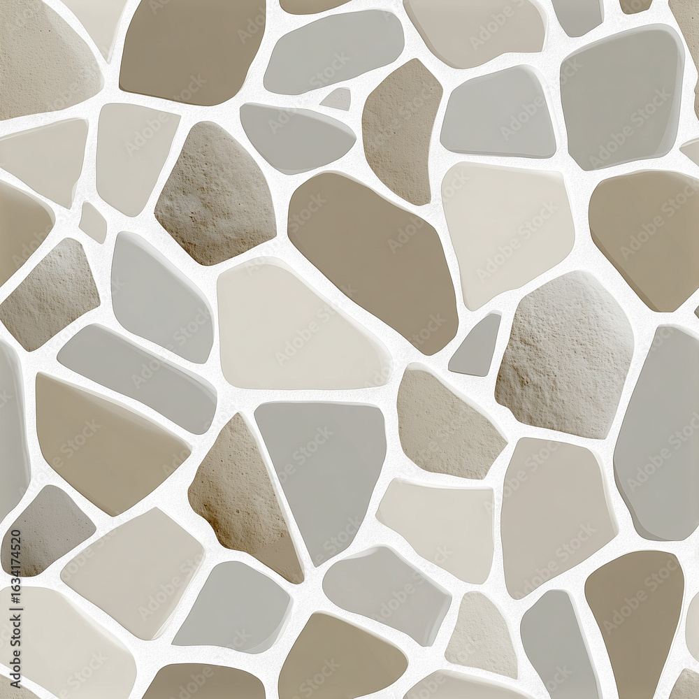 Fototapeta premium A seamless abstract background with a repeating pattern of irregularly shaped stone fragments in various natural tones of brown, gray, and white, resembling a mosaic or crazy paving.