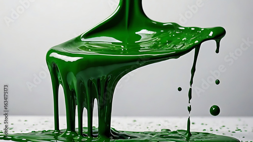 A close-up shot of a paintbrush with a green handle resting in a fresh puddle of spilled green paint.