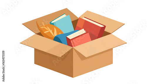 A cardboard box overflowing with books and a decorative, leaf-shaped item.
