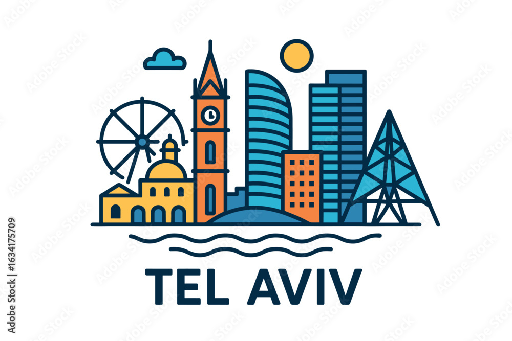 Naklejka premium City skyline with iconic buildings and landmarks, Tel Aviv