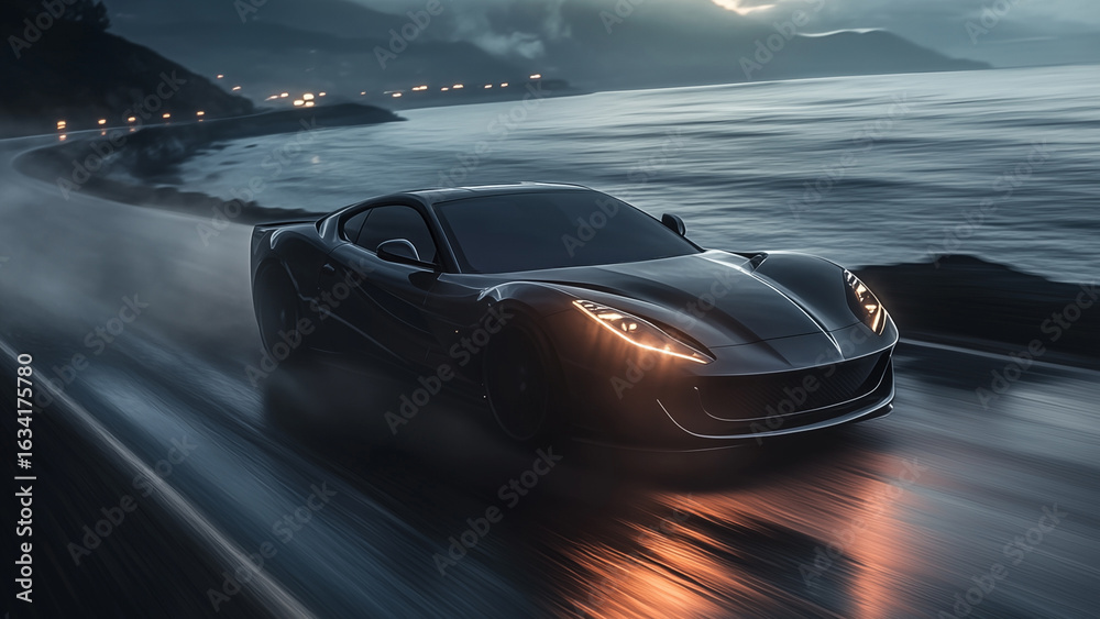 Obraz premium Luxury sports car races along a winding coastal road under dramatic cloudy skies, creating a thrilling atmosphere amid ocean mist and vibrant headlights