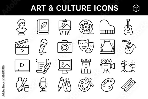 Art and Culture Line Icons – Painting, Music, Theater, History, Sculpture, and Creative Expression Symbols
