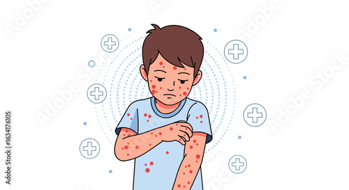 A young boy is depicted with a rash, scratching his arm due to the discomfort caused by measles or another viral infection, set against a white background.