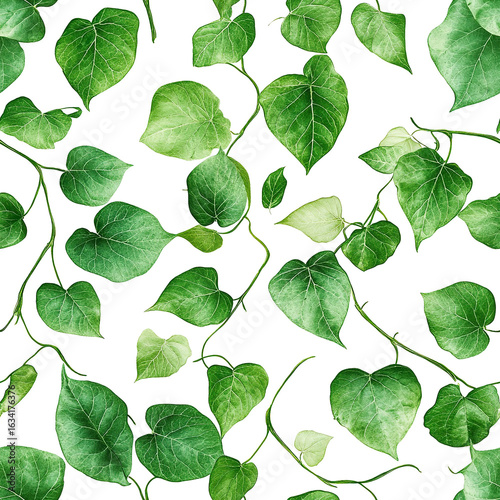 2D illustration of a tileable pattern of drying cucumber vine leaves isolated on a white transparent background.