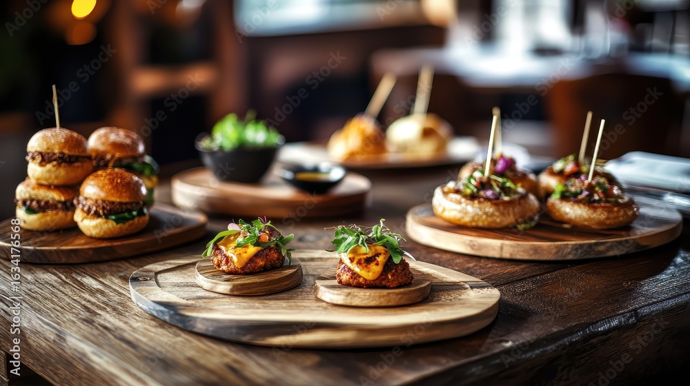 Naklejka premium Delicious Gourmet Dishes on Wooden Serving Platters in Restaurant Setting