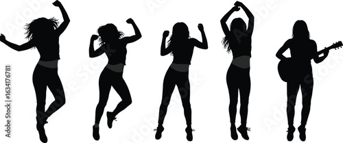 Dance and Music Silhouette Set, Energetic Dancers and Guitar Player, Performance Icons, Black Vector Illustration, Artistic Pose Collection
