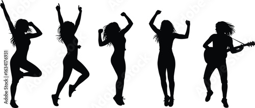 Dance and Music Silhouette Set, Guitar Player and Dancers, Performance Vector Icons, Artistic Pose Collection, Black Graphic Design