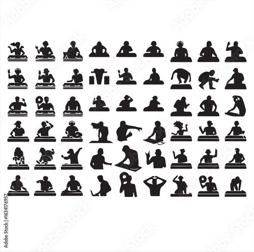 Collection of silhouetted djs at work with mixing consoles
