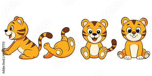 Four cartoon tiger cubs in various poses sitting playing and lying on their backs in a playful manner