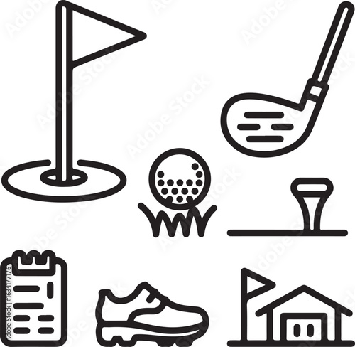  Golf Course Vector Outline Icons Golf Hole, Flag, Golf Ball in Grass, Driver, Golf Tee, Scorecard, Golf Shoes, and Clubhouse.
