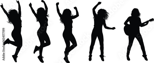 Dance and Music Silhouette Set, Jumping Dancers and Guitar Player, Performance Icons, Black Vector Illustration, Energetic Pose Collection