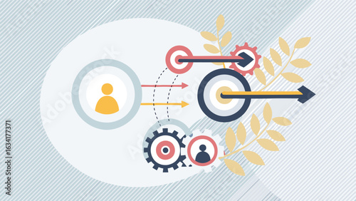 Illustration showing a person reaching targets through gears and arrows for business strategy