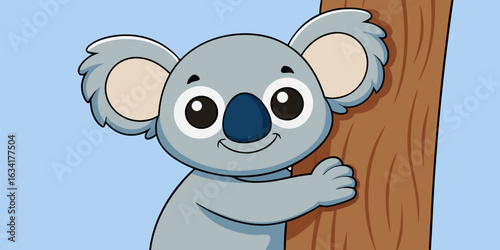 A cartoon koala clinging to a tree trunk with a light blue background and a smiling expression