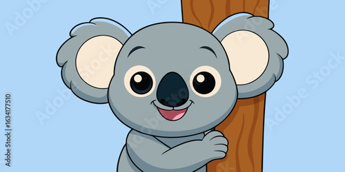 Illustration of a cute koala bear clinging to a tree trunk with a light blue background visible behind