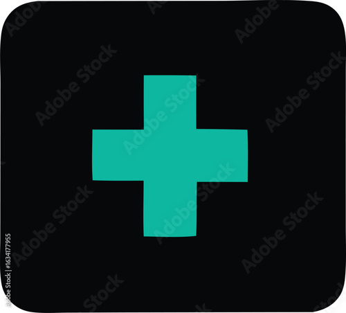 Simple teal plus symbol centered on a black square with rounded corners representing addition or medical care