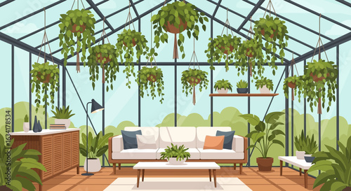 Lush Greenhouse Interior With Hanging Plants And Comfortable Seating