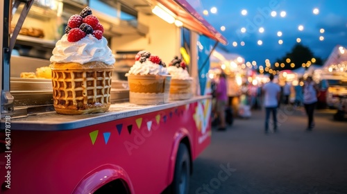 Colorful Ice Cream Cones on Food Truck Amid Vibrant Night Market