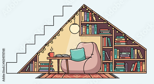 Cozy Reading Nook Under Staircase With Bookshelf And Beanbag Chair