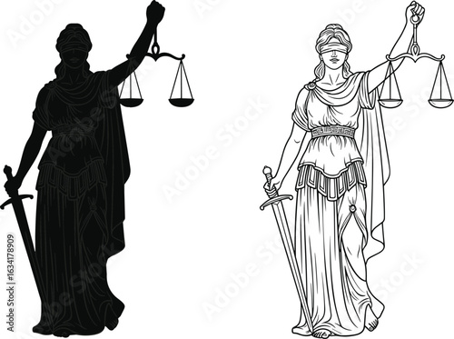 Lady Justice Silhouette Set, Sword and Scales Icons, Blindfolded Legal Symbol, Line Art and Solid Design, Black Vector IllustrationLady Justice Silhouette Set, Sword and Scales Icons