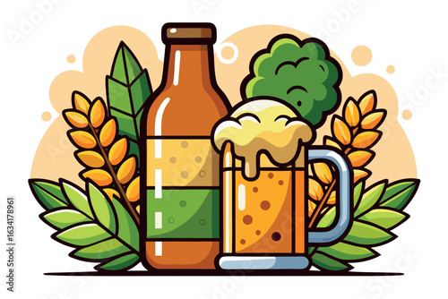 Illustration of a beer bottle and mug with wheat and leaves isolated on white background