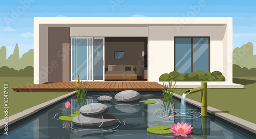 Modern Minimalist House With Zen Garden And Serene Lotus Pond
