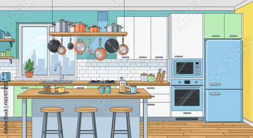 Cozy Kitchen Interior Illustration With Appliances And Cooking Tools