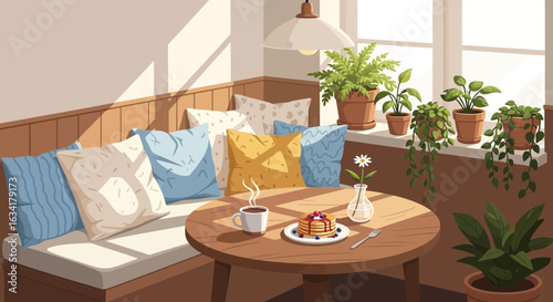 Comfortable Breakfast Nook With Pancakes And Houseplants In Sunny Window
