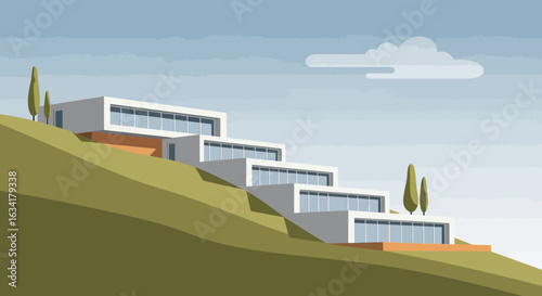 Modernist Architecture Houses on Hillside with Minimalist Landscape Style