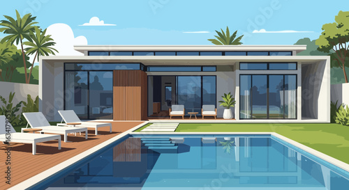 Modern Villa With Swimming Pool In A Tropical Setting Illustration