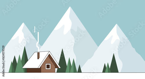 Cozy Cabin Retreat In A Snowy Mountain Landscape Illustration