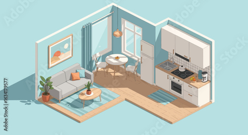 Isometric View Of A Cozy Minimalist Apartment Interior Design Concept